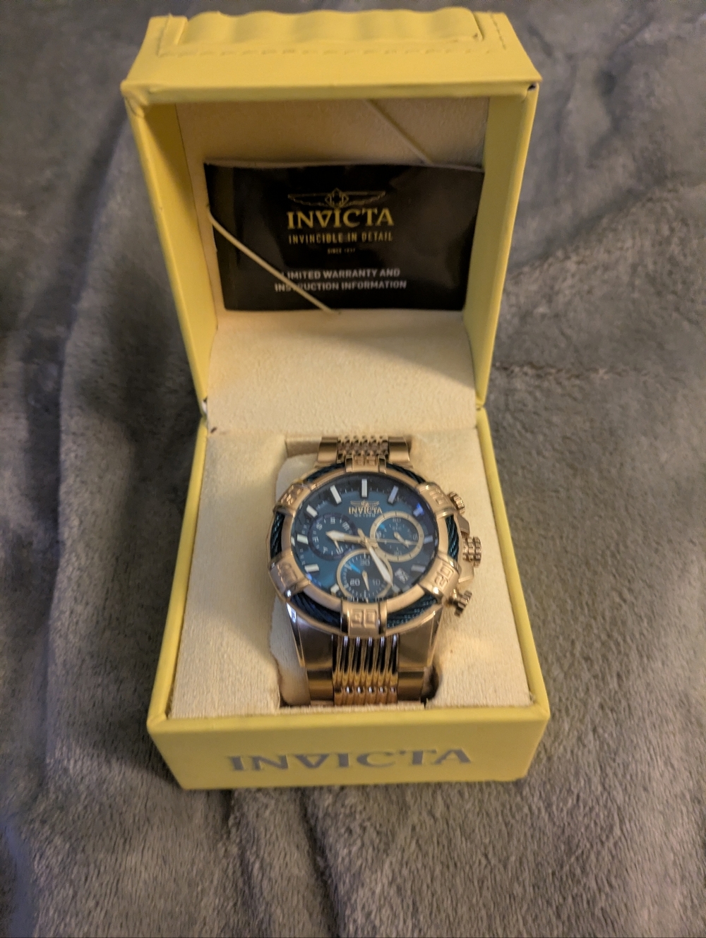 Invicta Reserve Bolt Zeus Tritnite Men’s Gold Tone Blue Dial Chronograph Watch